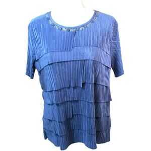 Alfred Dunner Women's Blue Short Sleeve Lined Beaded Neck Stretch Shirt Size M.